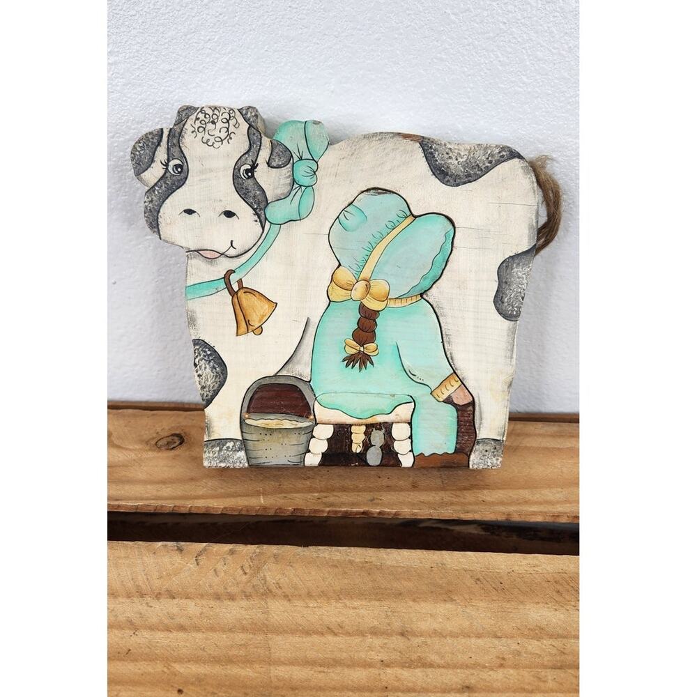 Wooden Hand Painted Milk Cow and Girl on Stool Home Farm Decor Cottage Core